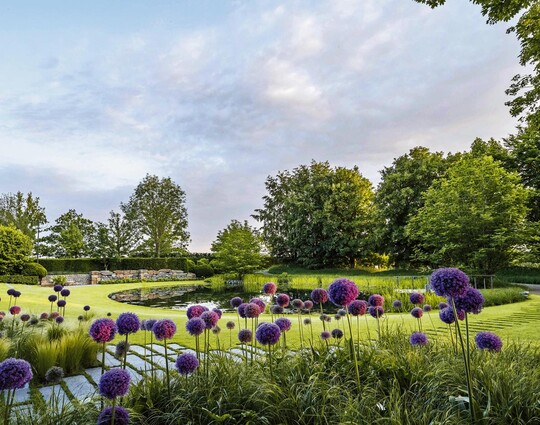 Im oberen Gartenbereich liegt der Seerosenteich wie eine Spiegelflche  die ovale Form ist eine Antwort auf das strenge Viereck des Innenhofes.