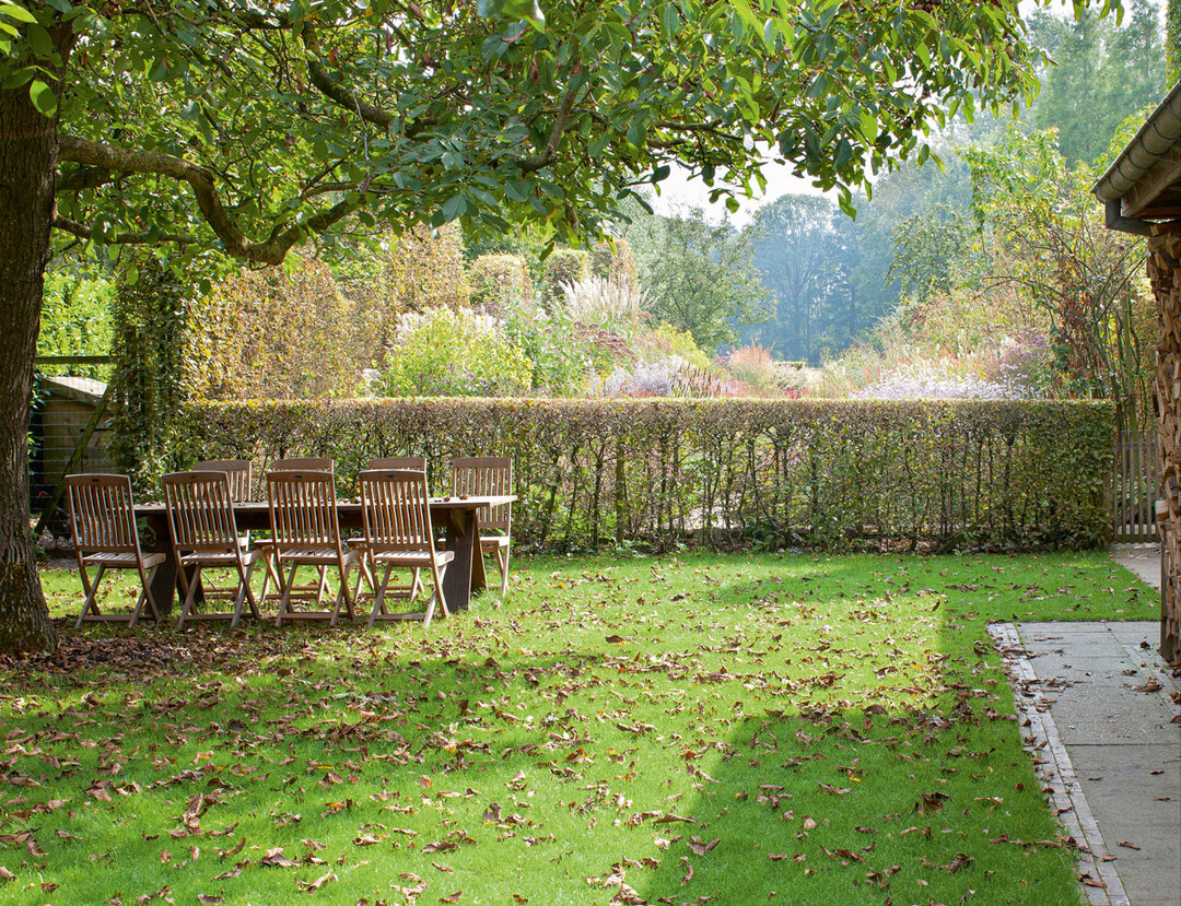 Im Frhjahr mit Zwiebelblumen berst, spendet der Walnussbaum im Sommer Schatten auf dem Rasenplatz am sdlichen Ende des Wohnhauses. ber die rahmende Hecke und die Staudenpflanzung hinweg geht der Blick in die offene Landschaft.