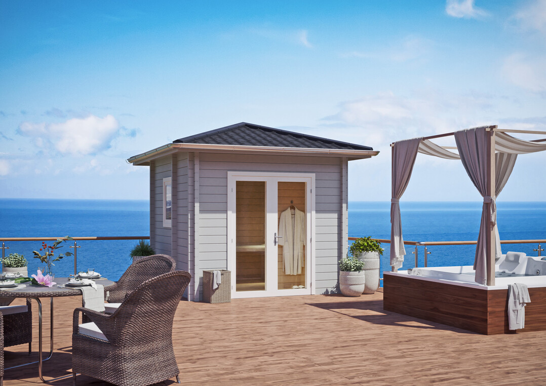 Auch auf einer Dachterrasse lsst sich ein Saunahaus, wie beispielsweise das gut 8 qm groe Grundmodell Lerander zeigt, integrieren