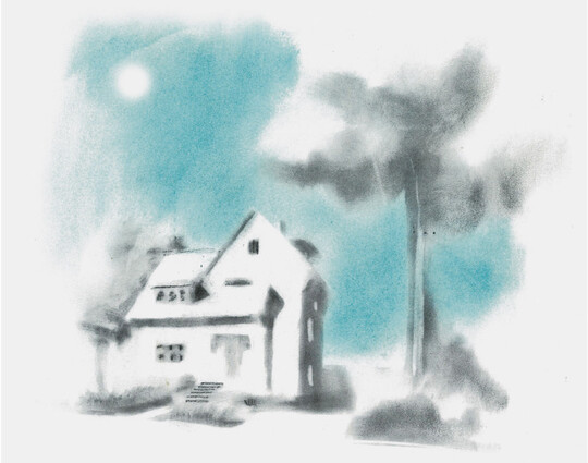 Schatteneffekt: Keine Angst vor Schwarz, sage ich immer, denn ohne Schatten keine Tiefenwirkung. Schatten und Himmel reichen, um zu verstehen, um was es hier geht: ein Haus mit einem Baum.