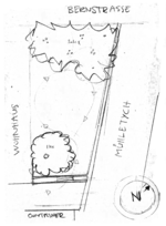 Der Garten liegt zwischen einem Wohnhaus und dem Kanal „Mühletych“.