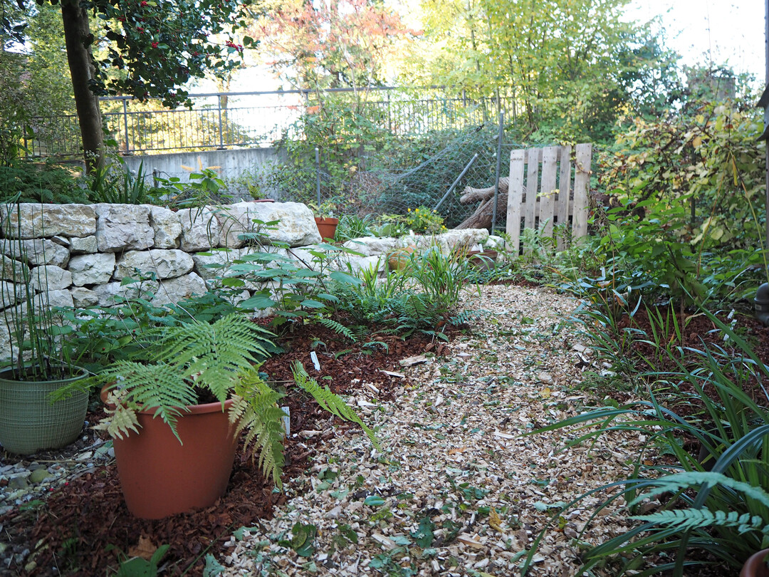 Mulchmaterialien wie Laub und Kompost sowie Hackholz f�r den Weg durch den Garten fallen auf dem Hof laufend an und k�nnen bei Bedarf erg�nzt werden.