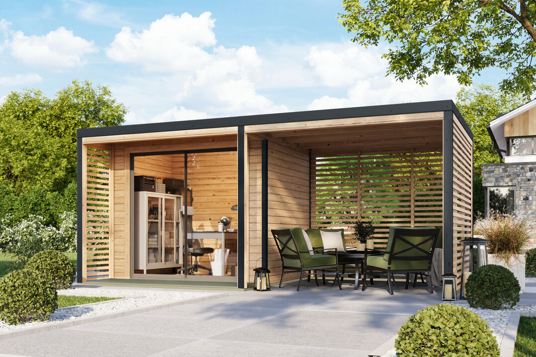 Das Hybrid-Gartenhaus Saturn von Karibu erm�glicht mehrere Nutzungen parallel.