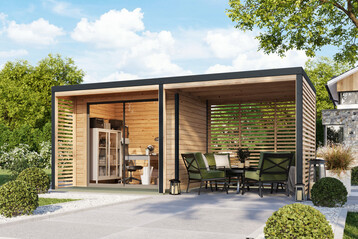 Das Hybrid-Gartenhaus Saturn von Karibu erm�glicht mehrere Nutzungen parallel.