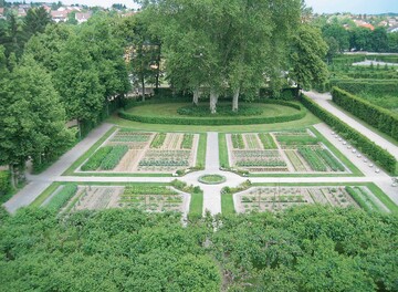 In direkter Nhe zum Schloss Veitshchheim findet sich der Kchengarten mit den ovalen Baumhainen und seinen rechteckigen Gemsebeeten auf dem Plan von 1780; Plan: Bayerische Schlsserverwaltung  Grten abteilung: Plan des Hofgartens Veitshchheim 1780 (Sign.: VH 01-05-05)