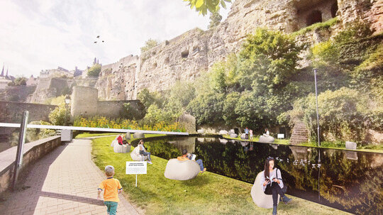 Unterschiedliche Stadtgrten locken in das Valle de l"Alzette, hier das Wasserforum (Visualisierung).
