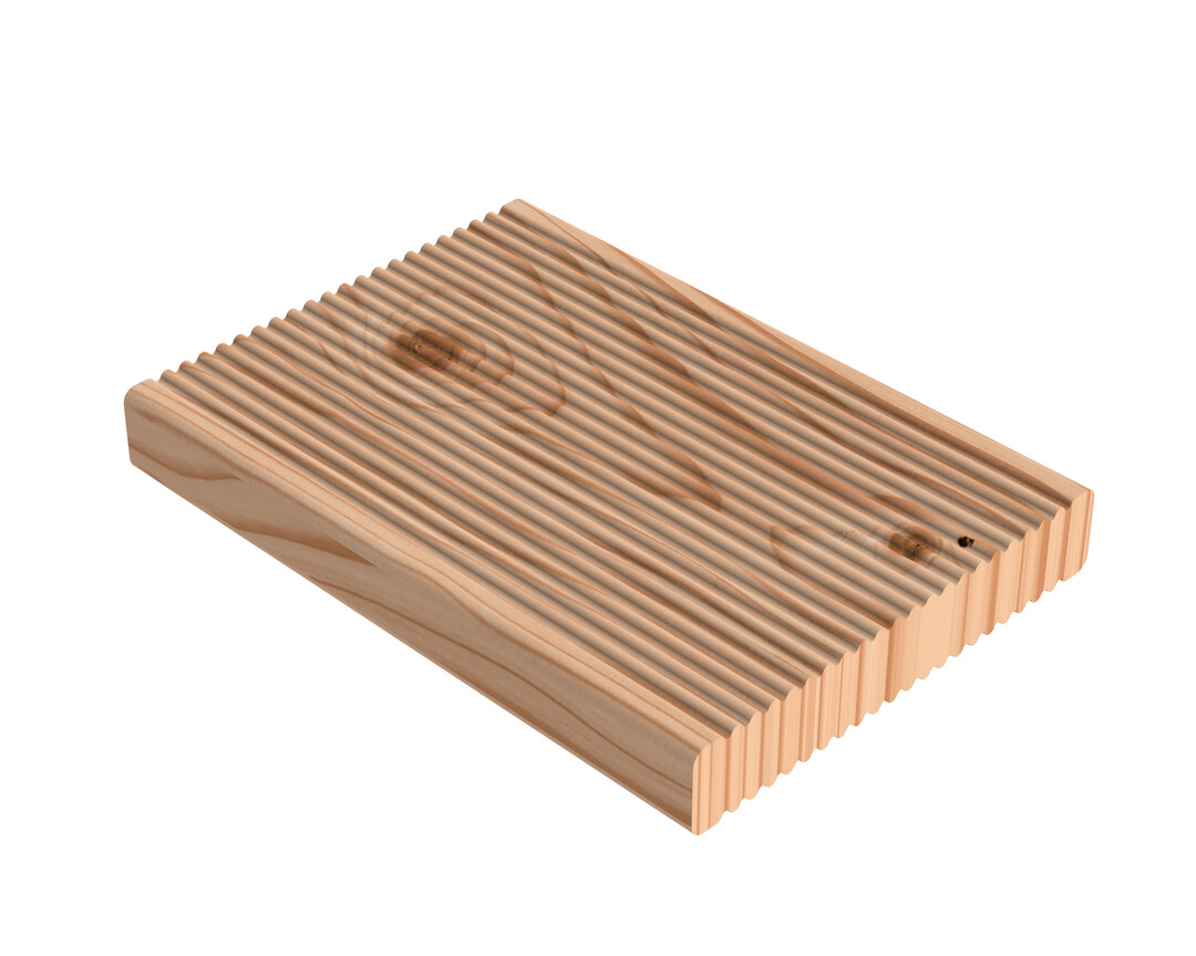 Kanadische Douglasie  hier zu sehen mit geriffelter Oberflchenstruktur  ist besonders dicht und fest. Sie trotzt Wind und Wetter und ermglicht die Realisierung langanhaltend attraktiver und funktionaler Terrassenflchen.