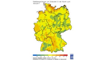 Diese Abbildung zeigt die Tiefstwerte der Lufttemperaturen (in  C) am Erdboden in der Nacht zum 18. September, die vereinzelt schon in den leichten Frostbereich fielen. Dies war vor allem im Sdwesten Deutschlands der Fall.