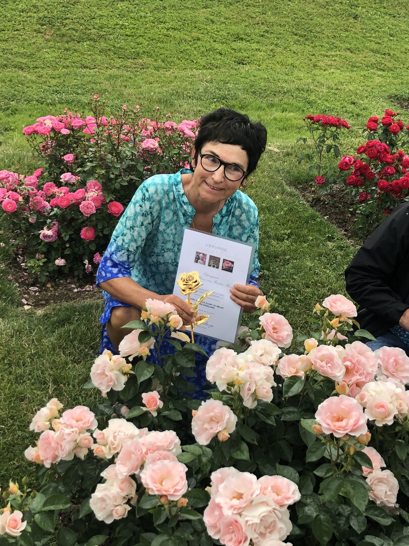 Rosa Eskelund, Roses Forever, mit der Urkunde fr Goldende Rose von Baden-Baden 2021 fr "Royale Estelle"