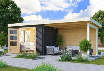 Gemtlich und modern zugleich wirkt das Blockbohlenhaus `Bastrup - jetzt neu in Terragrau und mit groem Anbaudach.