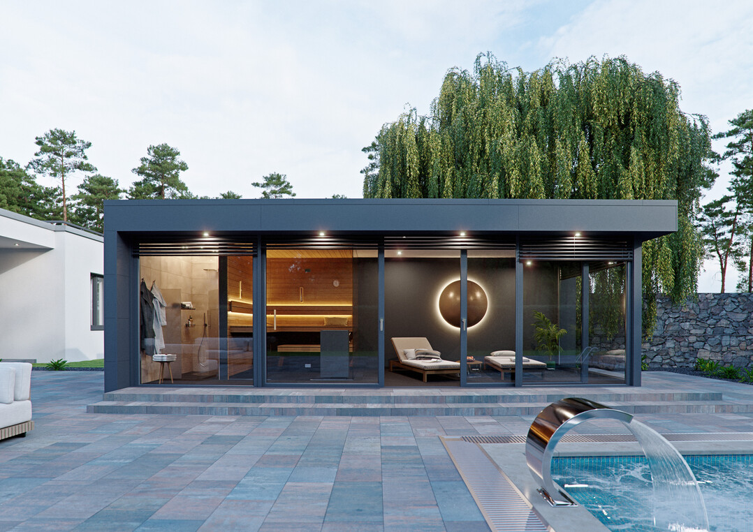 Design-Saunahaus mit Glasfront über Eck